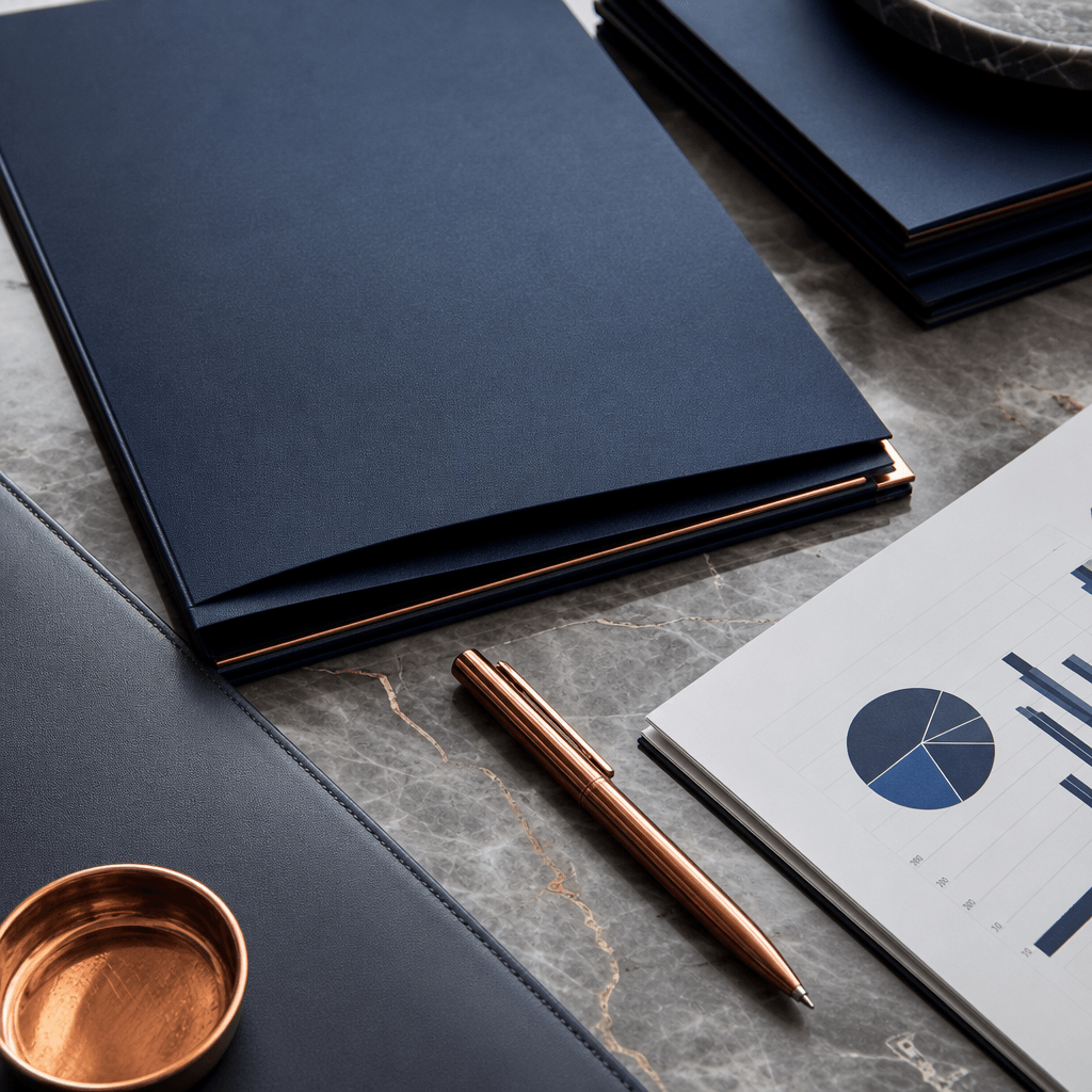 Luxury desk detail with reports and pen