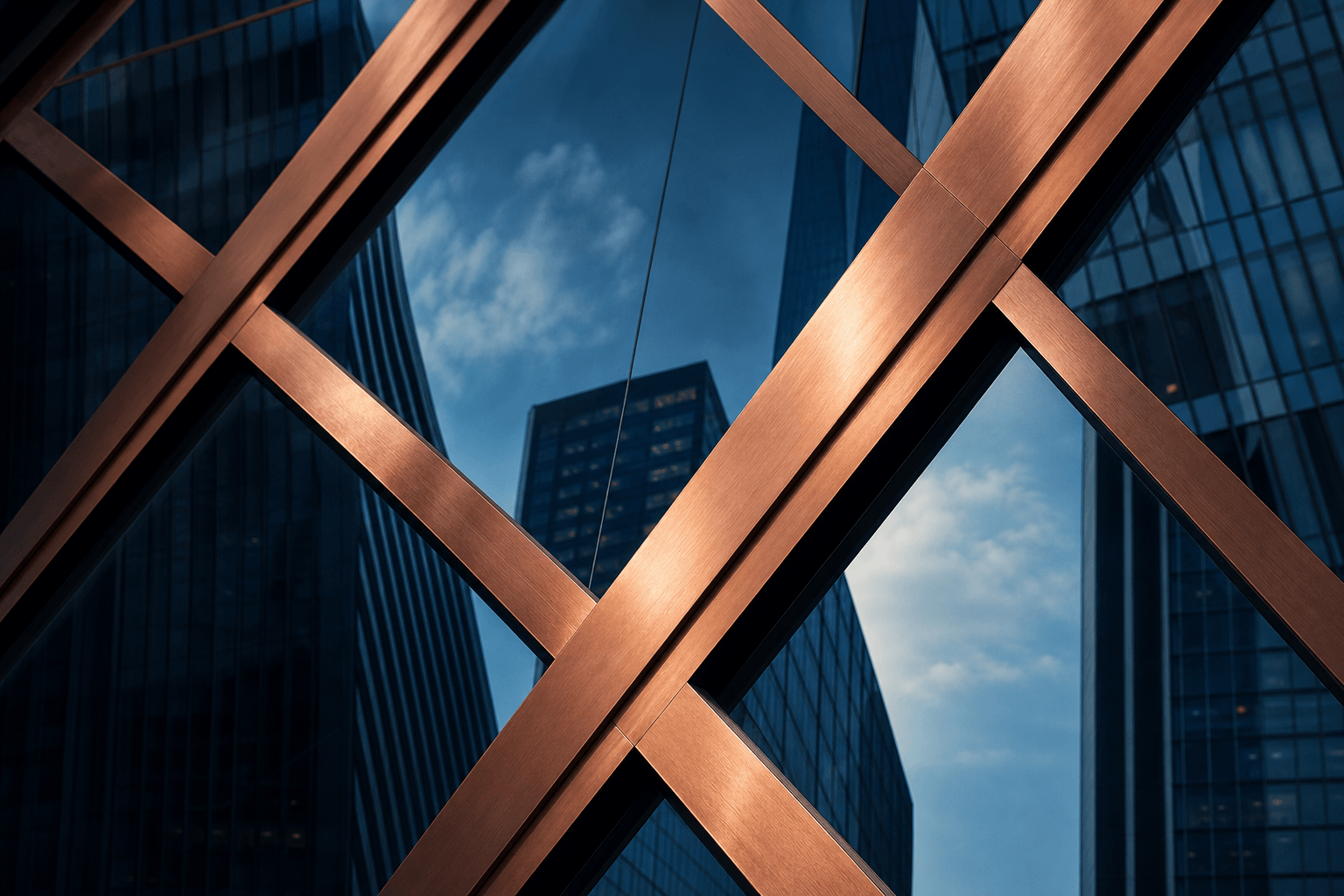 Architectural facade with diagonal copper braces