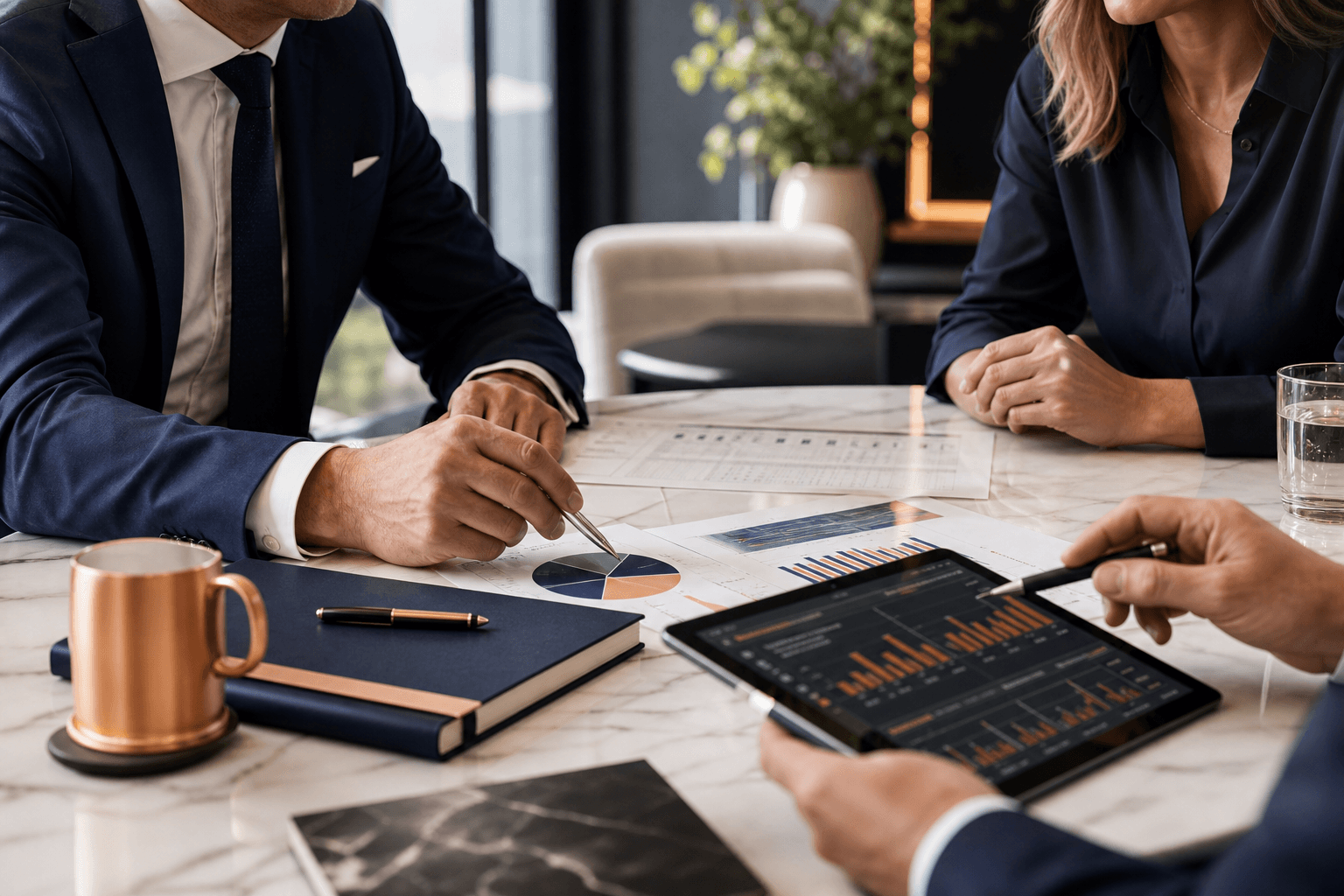 Advisory meeting with charts and tablet